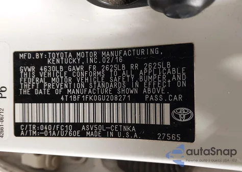 2016 Toyota Camry Le from USA, damaged, VIN 4T1BF1FK0GU208271